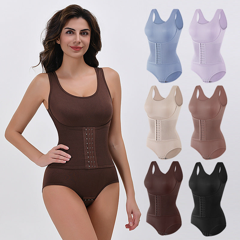 Double layered waist cinching triangle style one-piece shapewear with open buttons