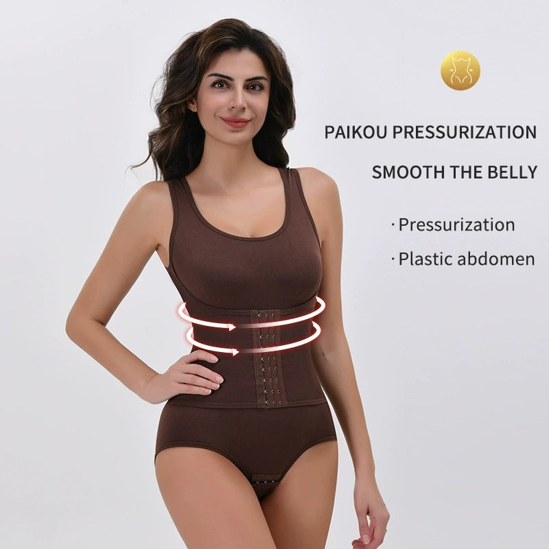 Double layered waist cinching triangle style one-piece shapewear with open buttons