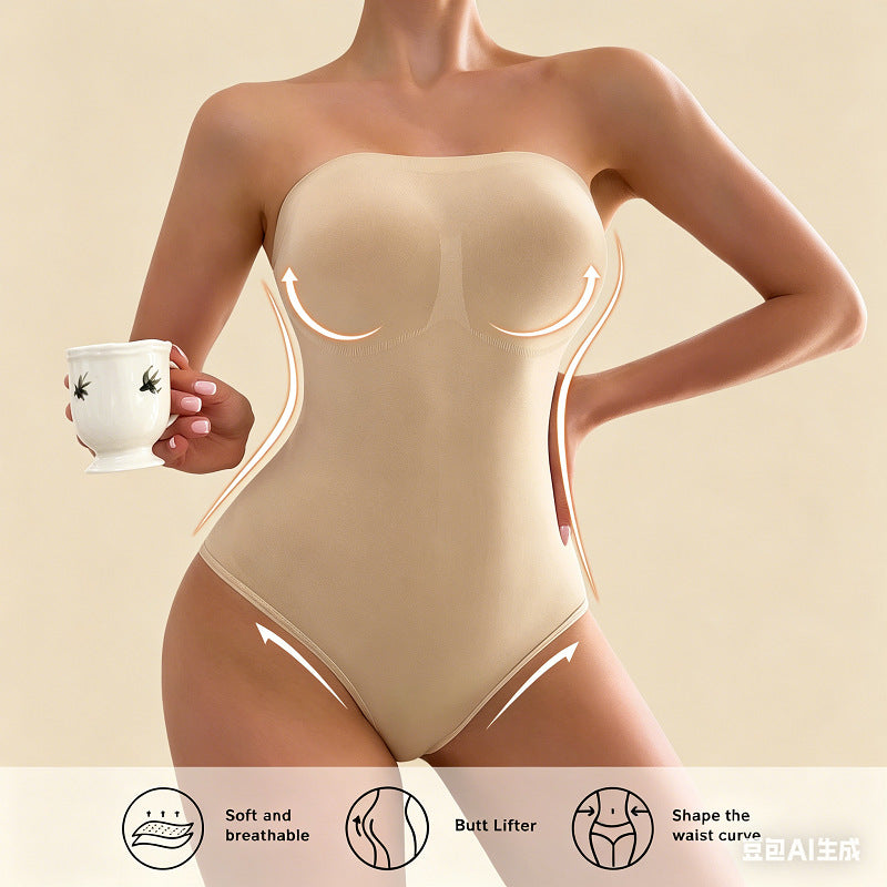 Unmarked body shaping jumpsuit with a cinched lower abdomen, lifted buttocks, and a beautiful body that gathers to show off weight. Seamless jumpsuit with a cinching effect