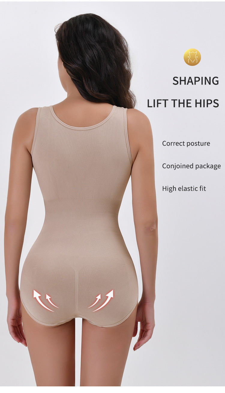 Double layered waist cinching triangle style one-piece shapewear with open buttons