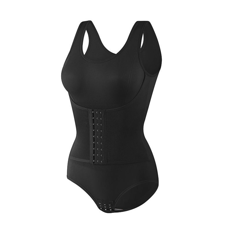 Double layered waist cinching triangle style one-piece shapewear with open buttons