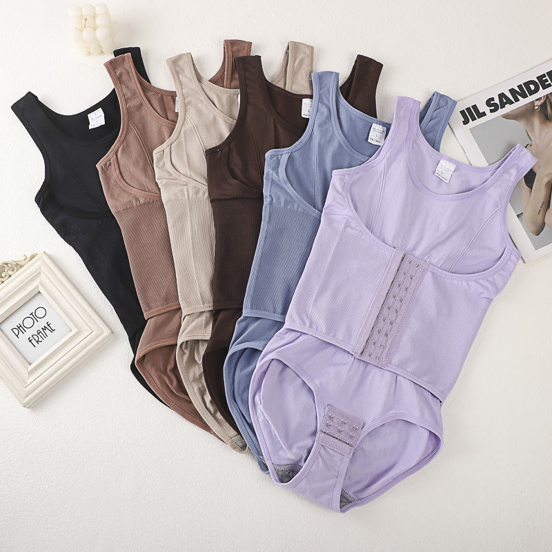 Double layered waist cinching triangle style one-piece shapewear with open buttons