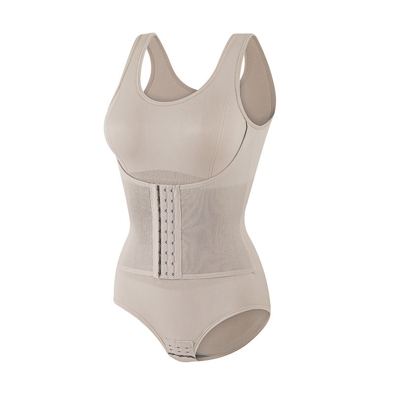 Double layered waist cinching triangle style one-piece shapewear with open buttons