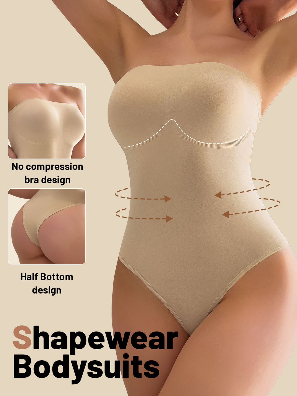 Unmarked body shaping jumpsuit with a cinched lower abdomen, lifted buttocks, and a beautiful body that gathers to show off weight. Seamless jumpsuit with a cinching effect