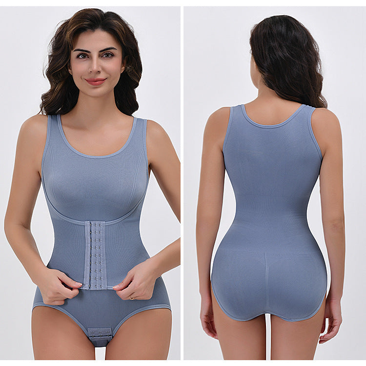 Double layered waist cinching triangle style one-piece shapewear with open buttons