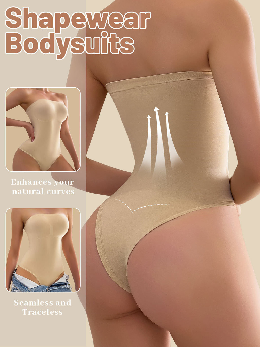 Unmarked body shaping jumpsuit with a cinched lower abdomen, lifted buttocks, and a beautiful body that gathers to show off weight. Seamless jumpsuit with a cinching effect