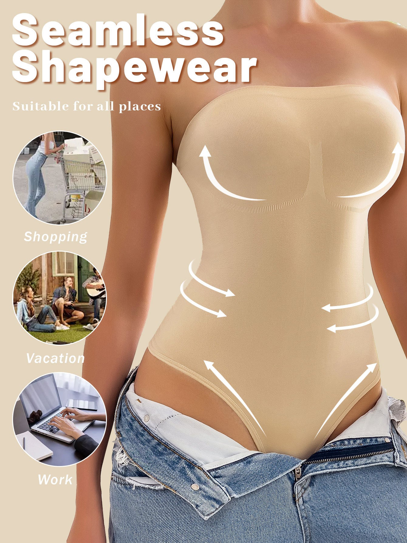Unmarked body shaping jumpsuit with a cinched lower abdomen, lifted buttocks, and a beautiful body that gathers to show off weight. Seamless jumpsuit with a cinching effect