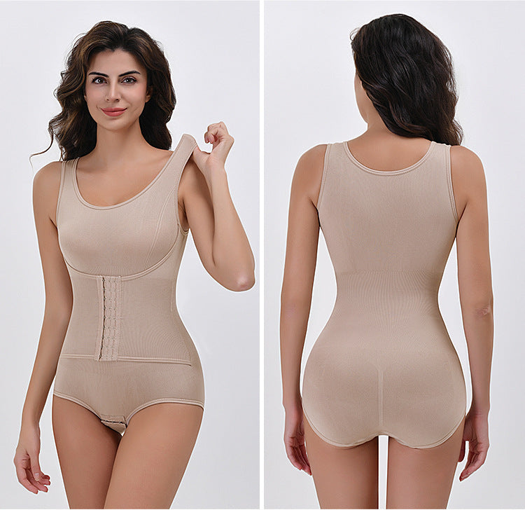 Double layered waist cinching triangle style one-piece shapewear with open buttons