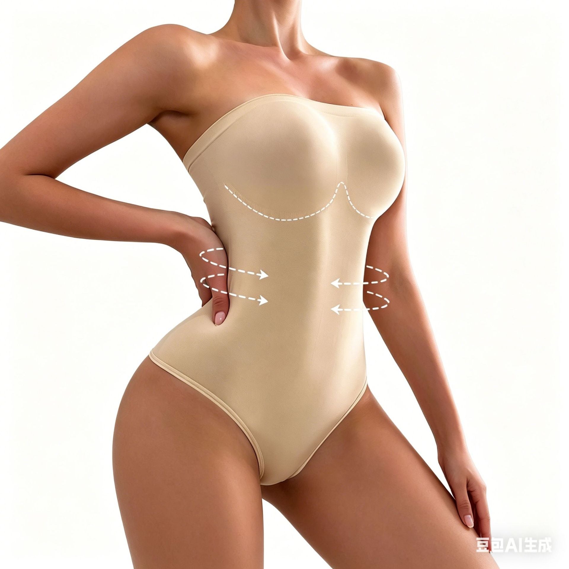 Unmarked body shaping jumpsuit with a cinched lower abdomen, lifted buttocks, and a beautiful body that gathers to show off weight. Seamless jumpsuit with a cinching effect