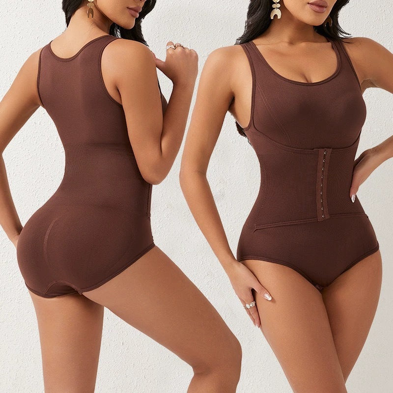 Double layered waist cinching triangle style one-piece shapewear with open buttons